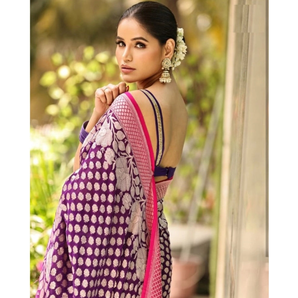 Women'S Silk Printed Saree With Unstitched Blouse 5.5Mtr (Purp