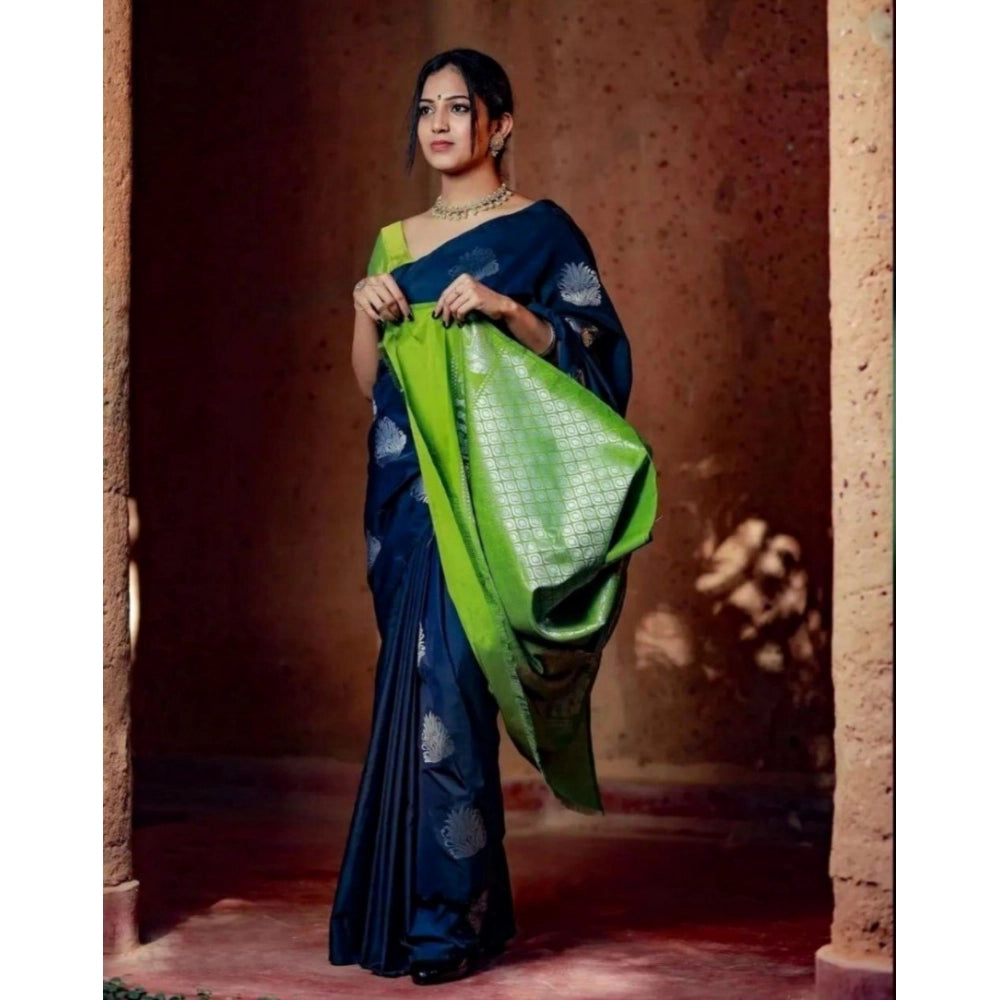 Women's Silk Printed Saree With Unstitched Blouse 5.5Mtr (Navy Blue) - VANSHELLE