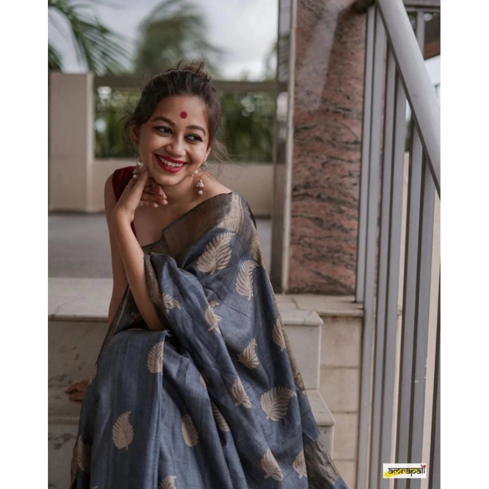 Women's Silk Printed Saree With Unstitched Blouse 5.5Mtr (Grey) - VANSHELLE