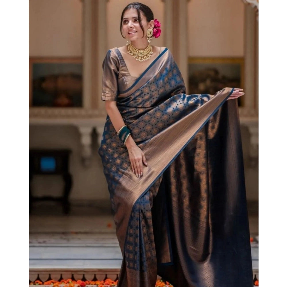Women's Silk Printed Saree With Unstitched Blouse 5.5Mtr (Blue) - VANSHELLE