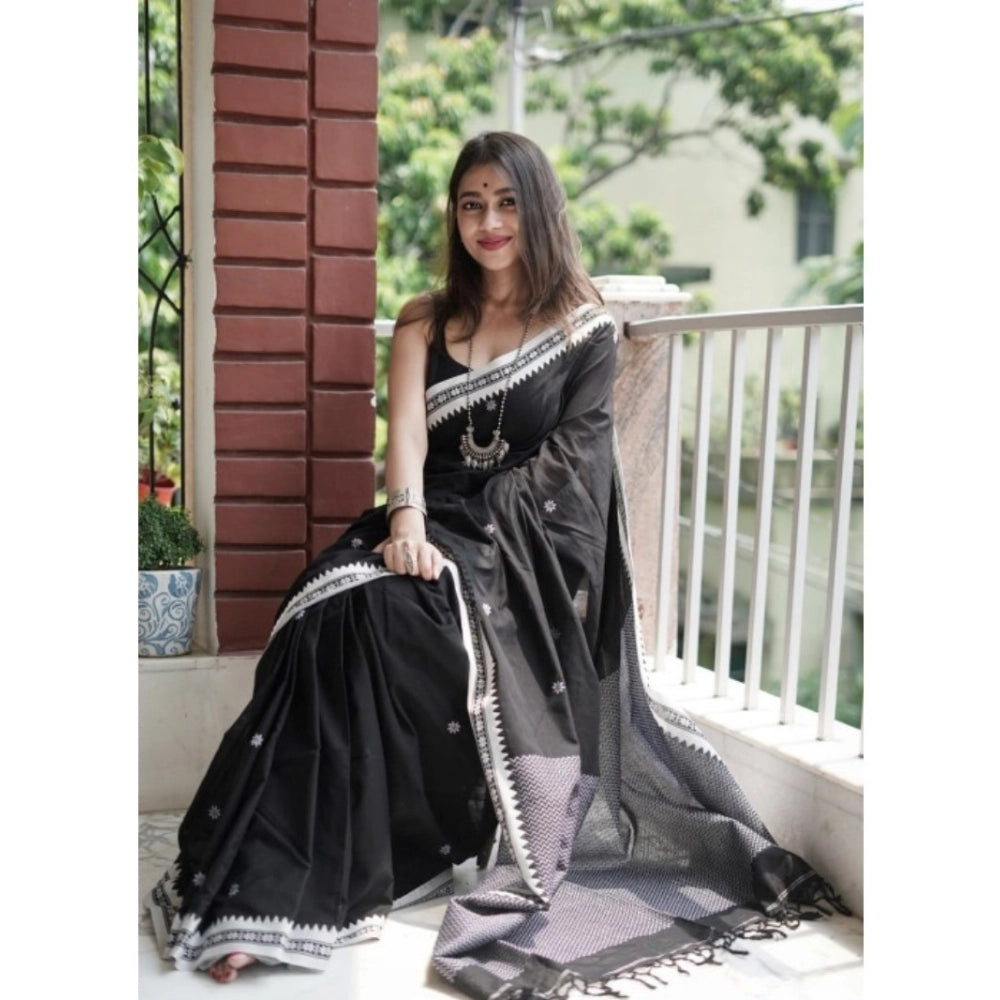 Women's Cotton Printed Saree With Unstitched Blouse 5.5Mtr (Black) - VANSHELLE