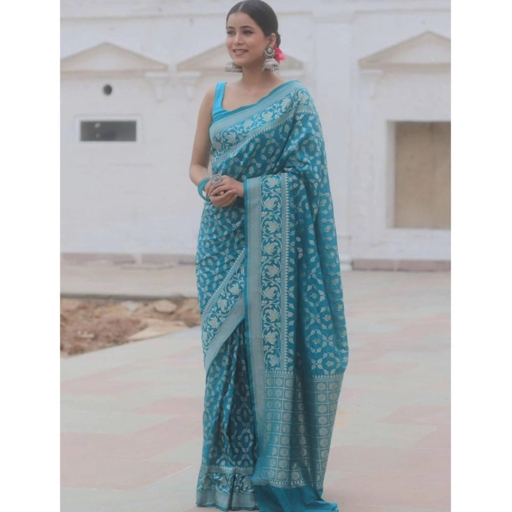 Women's Silk Printed Saree With Unstitched Blouse 5.5Mtr (Sky Blue) - VANSHELLE