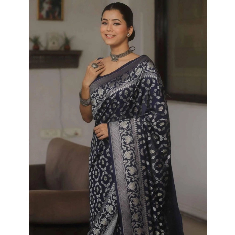 Women's Silk Printed Saree With Unstitched Blouse 5.5Mtr (Navy Blue) - VANSHELLE