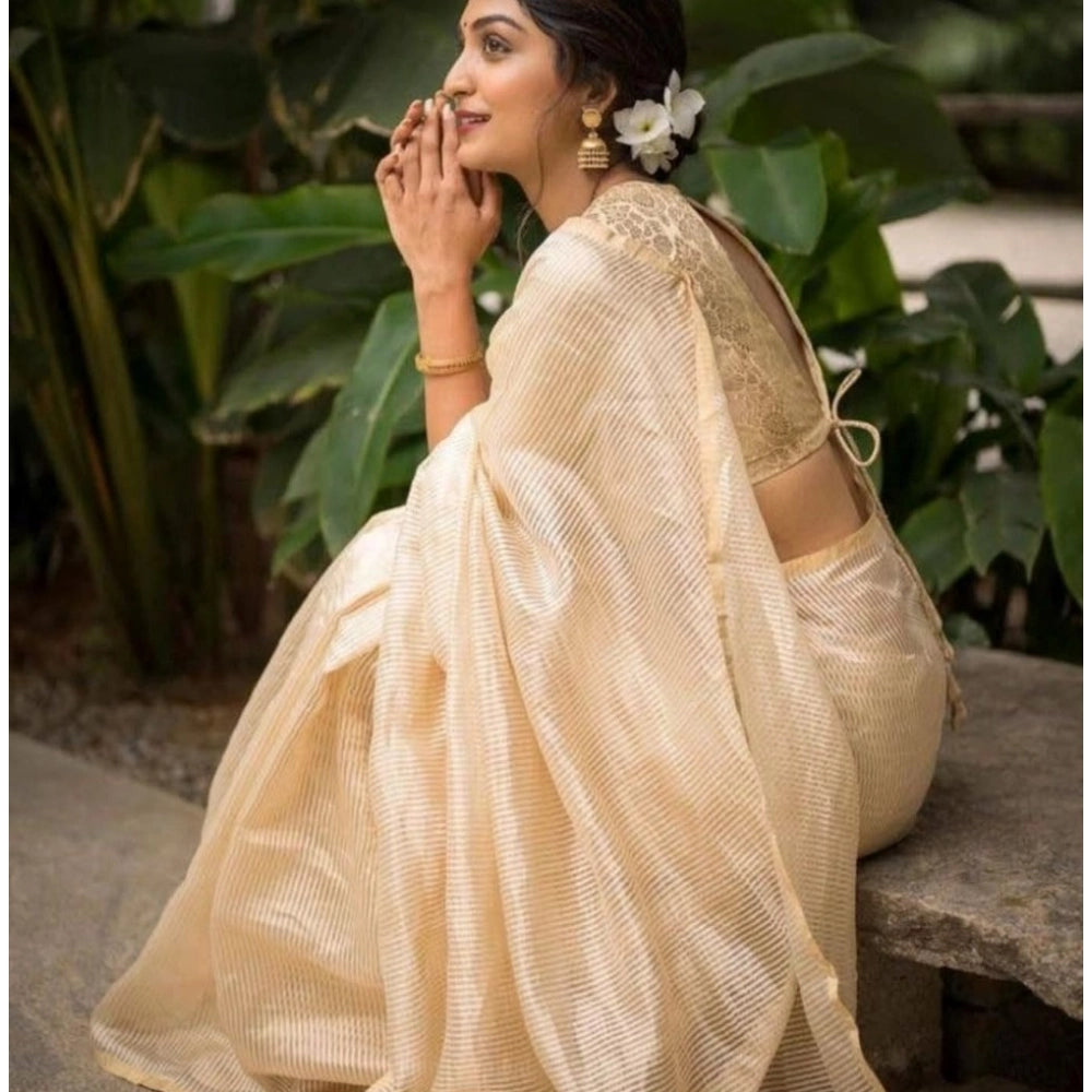 Women's Silk Printed Saree With Unstitched Blouse 5.5Mtr (Off White) - VANSHELLE