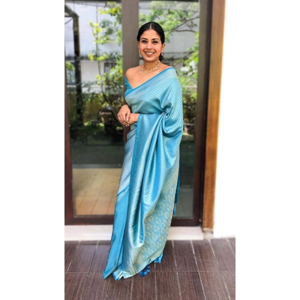 Women's Silk Printed Saree With Unstitched Blouse 5.5Mtr (Sky Blue) - VANSHELLE