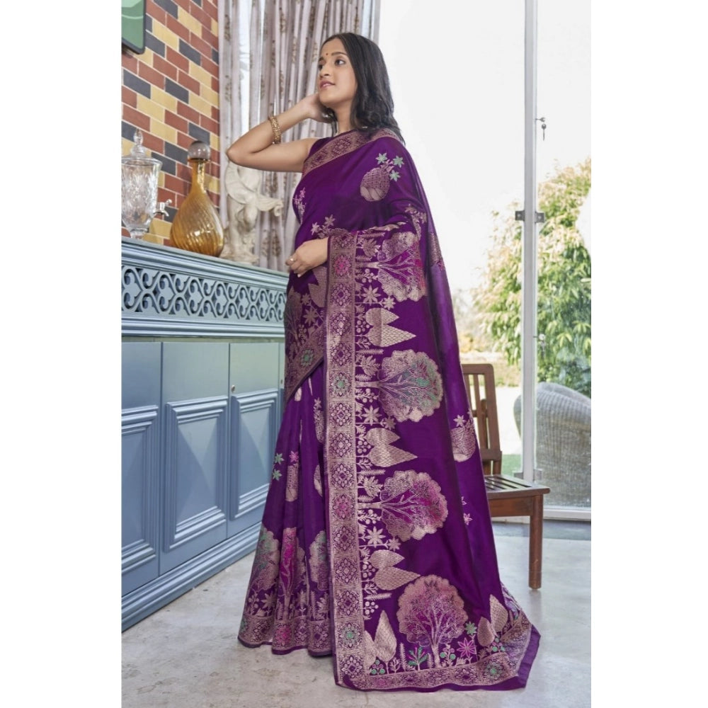 Women's Silk Printed Saree With Unstitched Blouse 5.5Mtr (Purple) - VANSHELLE