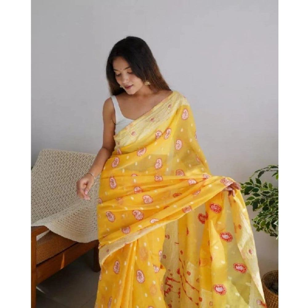 Women's Cotton Printed Saree With Unstitched Blouse 5.5Mtr (Yellow) - VANSHELLE