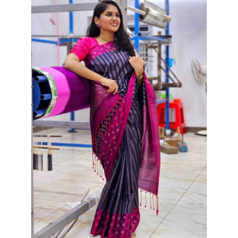 Women's Silk Printed Saree With Unstitched Blouse 5.5Mtr (Navy Blue) - VANSHELLE