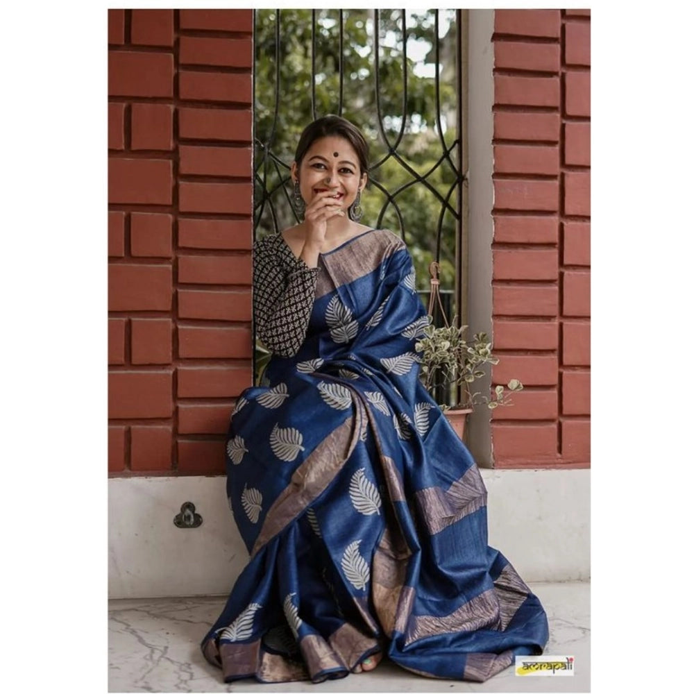 Women's Silk Printed Saree With Unstitched Blouse 5.5Mtr (Navy Blue) - VANSHELLE