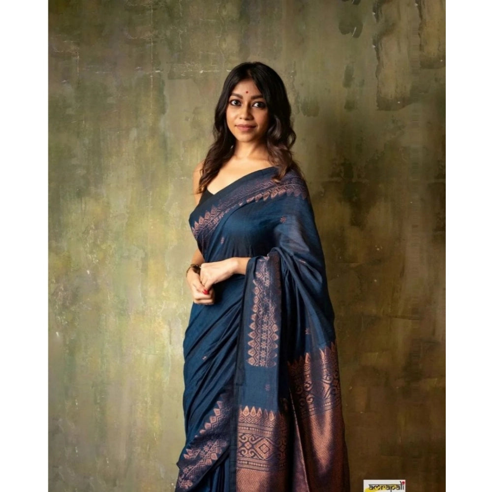 Women's Silk Printed Saree With Unstitched Blouse 5.5Mtr (Navy Blue) - VANSHELLE