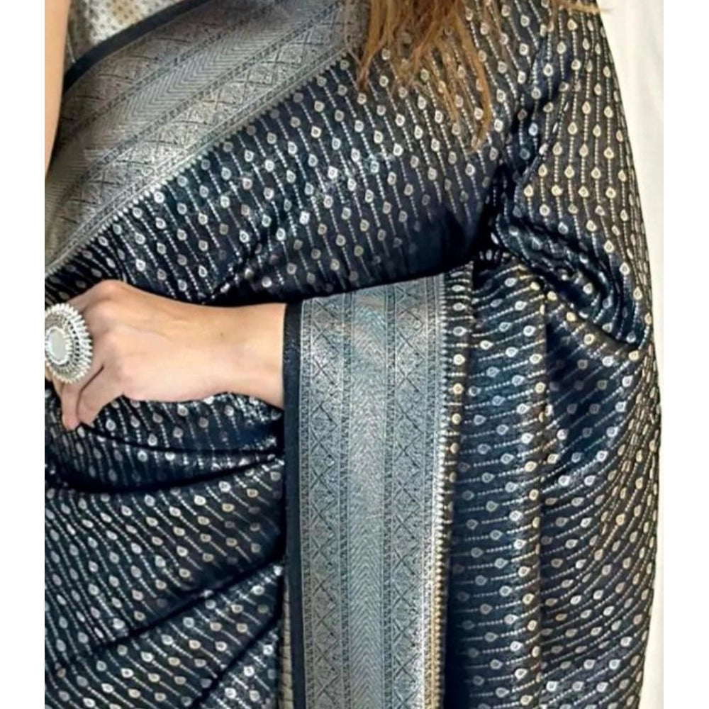 Women's Silk Printed Saree With Unstitched Blouse 5.5Mtr (Black) - VANSHELLE