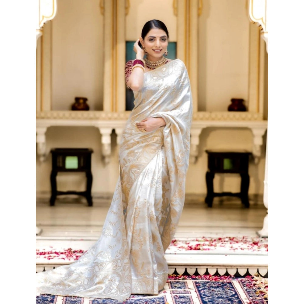 Women's Silk Printed Saree With Unstitched Blouse 5.5Mtr (White) - VANSHELLE