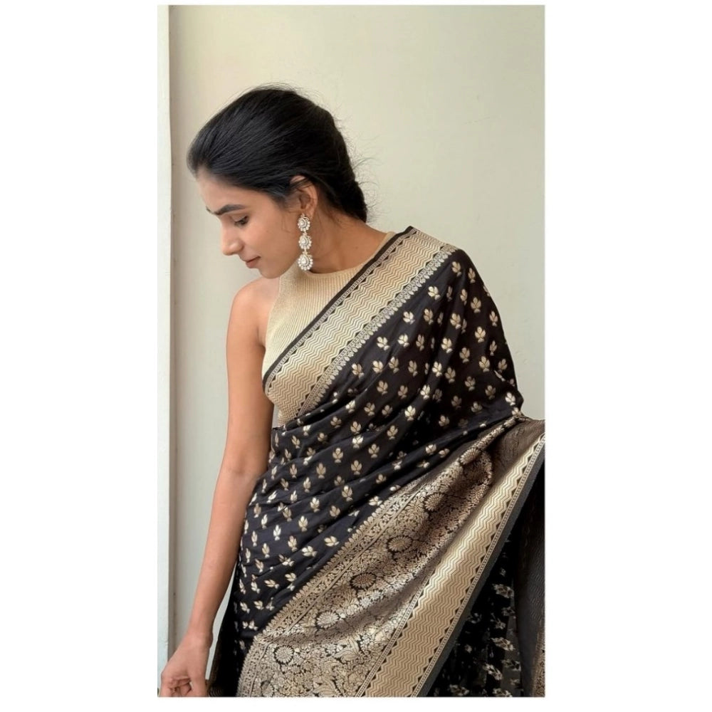 Women's Silk Printed Saree With Unstitched Blouse 5.5Mtr (Black) - VANSHELLE