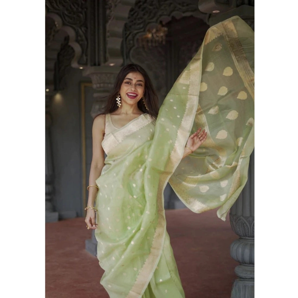 Women's Cotton Printed Saree With Unstitched Blouse 5.5Mtr (Pista) - VANSHELLE