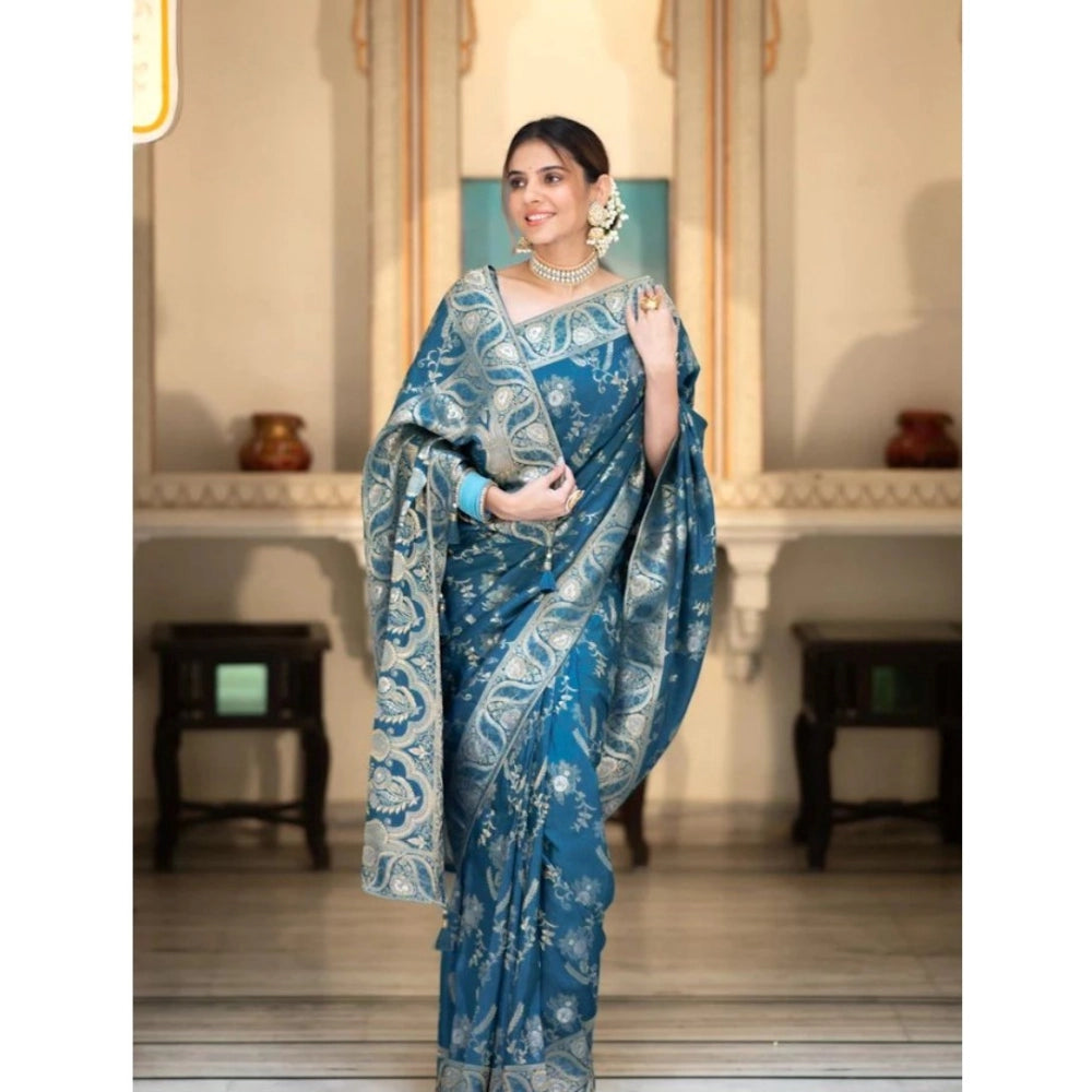 Women's Silk Printed Saree With Unstitched Blouse 5.5Mtr (Teal Blue) - VANSHELLE