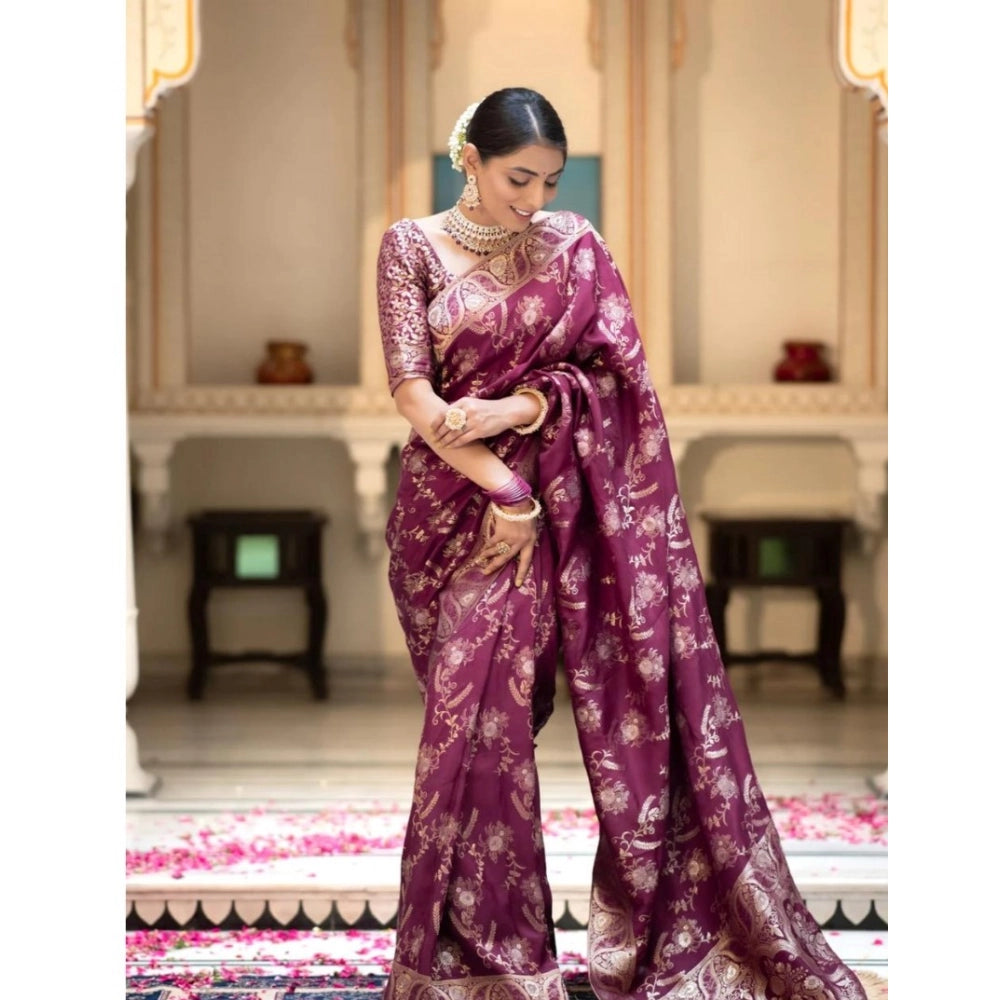 Women's Silk Printed Saree With Unstitched Blouse 5.5Mtr (Wine) - VANSHELLE