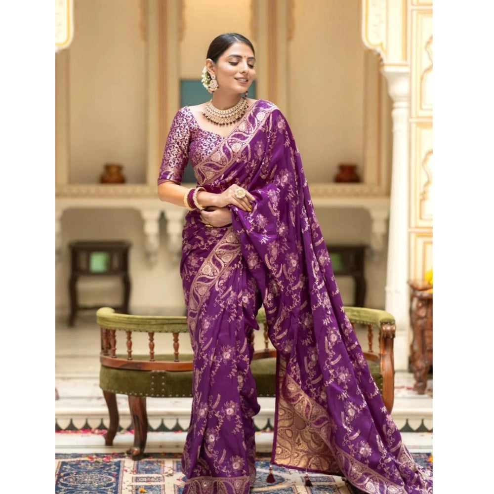 Women's Silk Printed Saree With Unstitched Blouse 5.5Mtr (Purple) - VANSHELLE