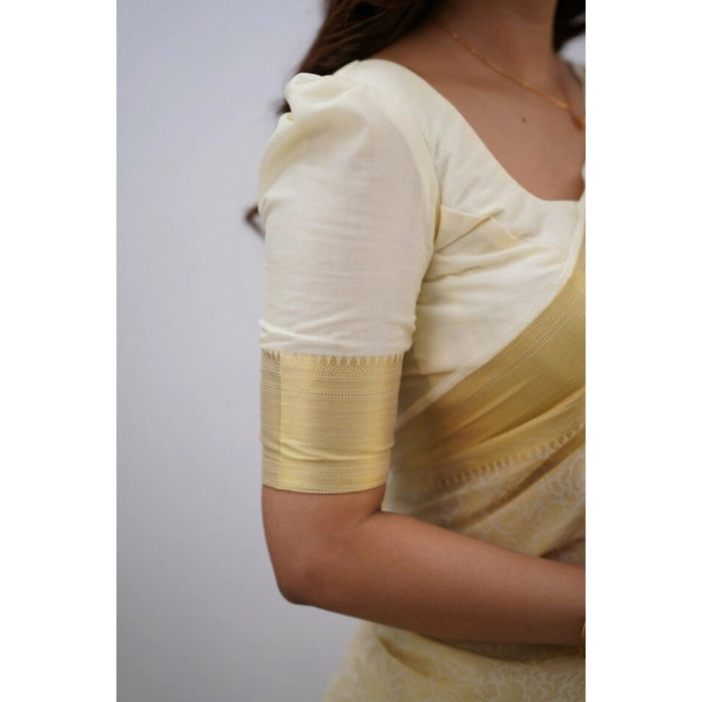 Women's Silk Printed Saree With Unstitched Blouse 5.5Mtr (Cream) - VANSHELLE