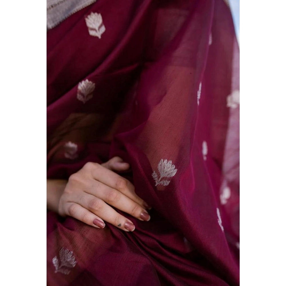 Women's Cotton Printed Saree With Unstitched Blouse 5.5Mtr (Maroon) - VANSHELLE