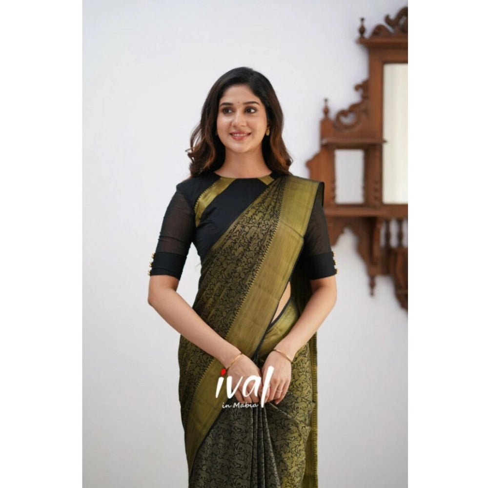 Women's Silk Printed Saree With Unstitched Blouse 5.5Mtr (Black) - VANSHELLE
