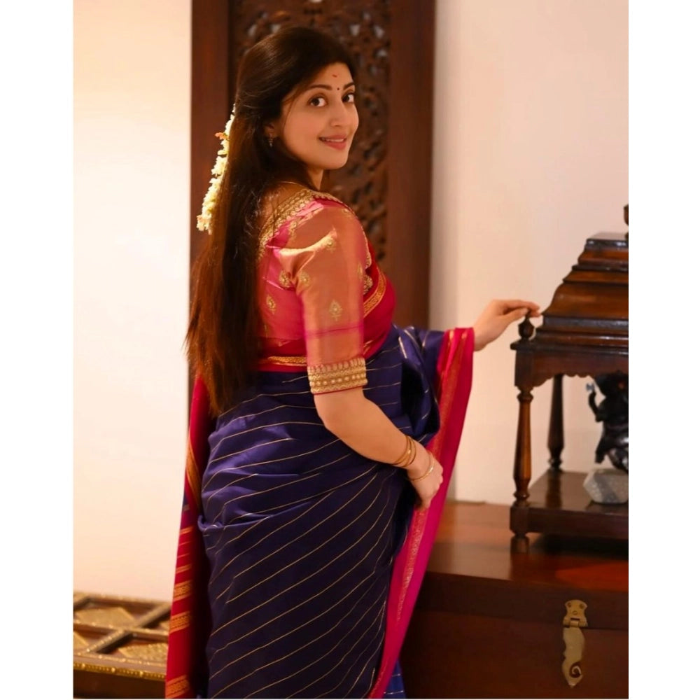 Women's Silk Printed Saree With Unstitched Blouse 5.5Mtr (Navy Blue) - VANSHELLE