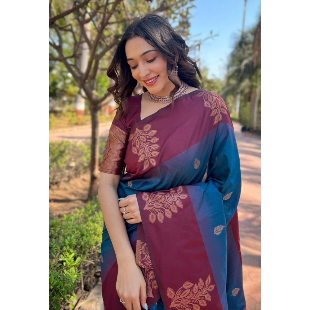 Women's Silk Printed Saree With Unstitched Blouse 5.5Mtr (Blue) - VANSHELLE