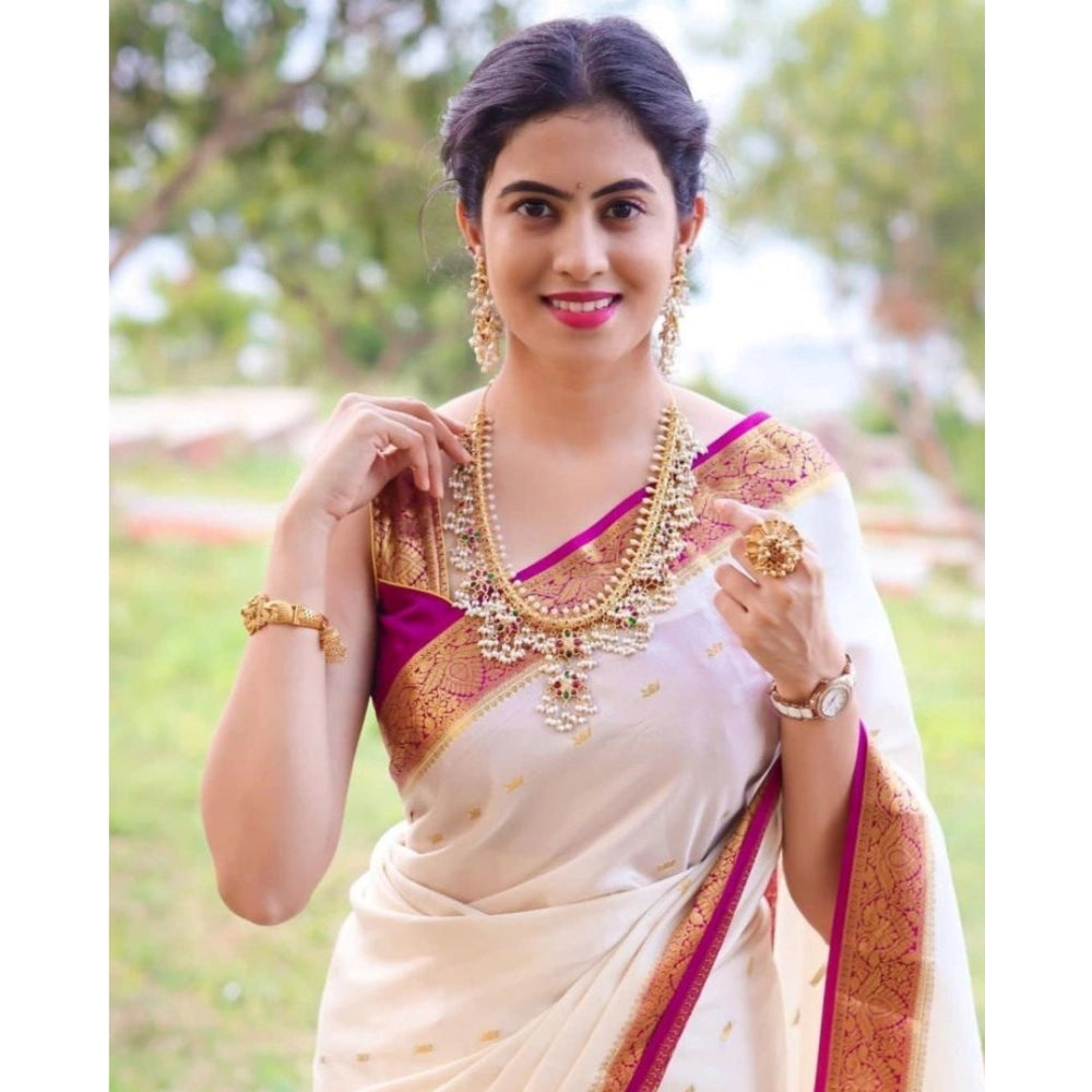 Women'S Silk Printed Saree With Unstitched Blouse 5.5Mtr (Whit