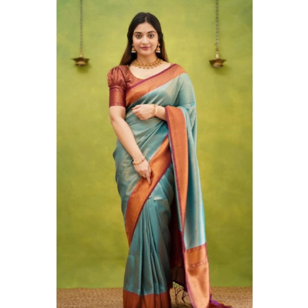 Women's Silk Printed Saree With Unstitched Blouse 5.5Mtr (Rama) - VANSHELLE
