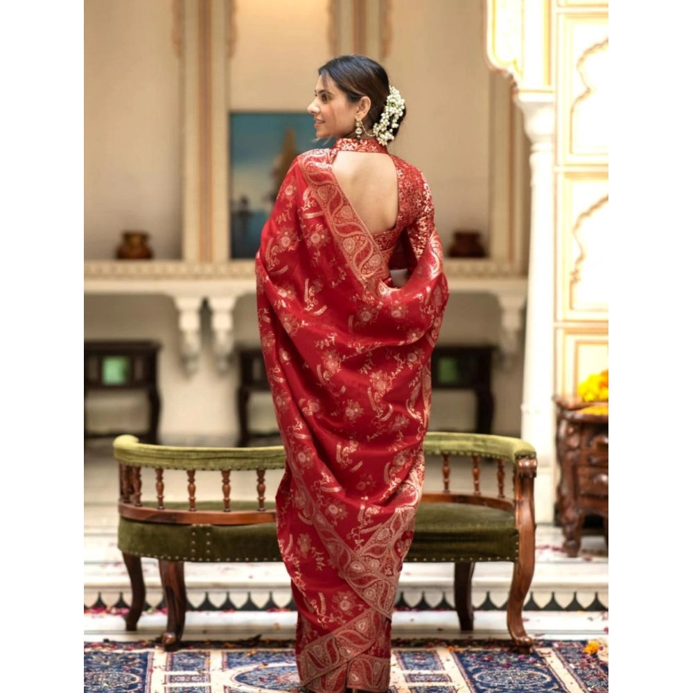 Women's Silk Printed Saree With Unstitched Blouse 5.5Mtr (Red) - VANSHELLE
