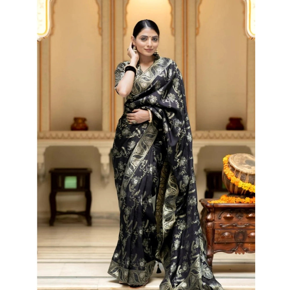 Women's Silk Printed Saree With Unstitched Blouse 5.5Mtr (Black) - VANSHELLE