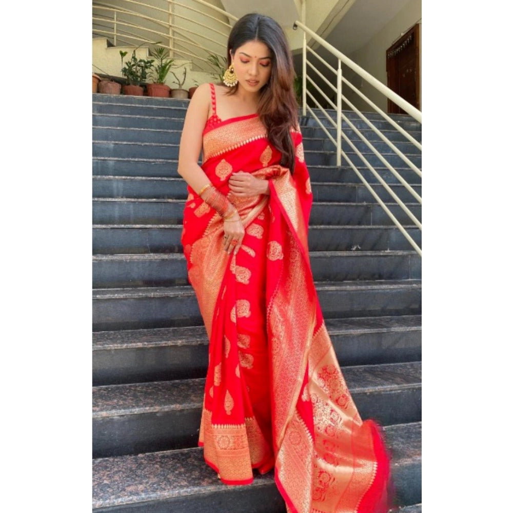 Women's Silk Printed Saree With Unstitched Blouse 5.5Mtr (Red) - VANSHELLE