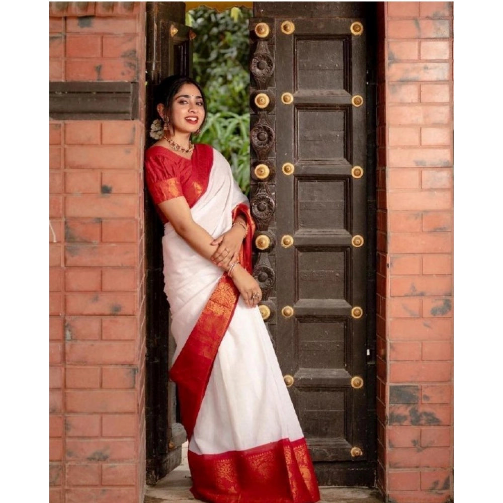 Women's Silk Printed Saree With Unstitched Blouse 5.5Mtr (White) - VANSHELLE