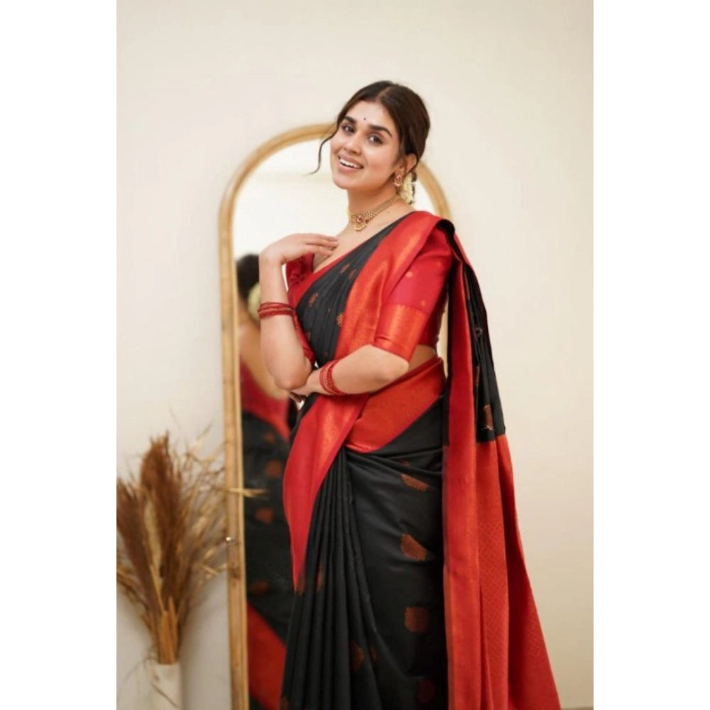 Women's Silk Printed Saree With Unstitched Blouse 5.5Mtr (Black) - VANSHELLE