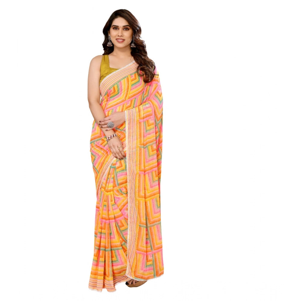 Women's Small Lace Georgette Printed Ready-to-Wear Saree With Unstitched Blouse 5.5 Mtr (Yellow) by Vanshelle