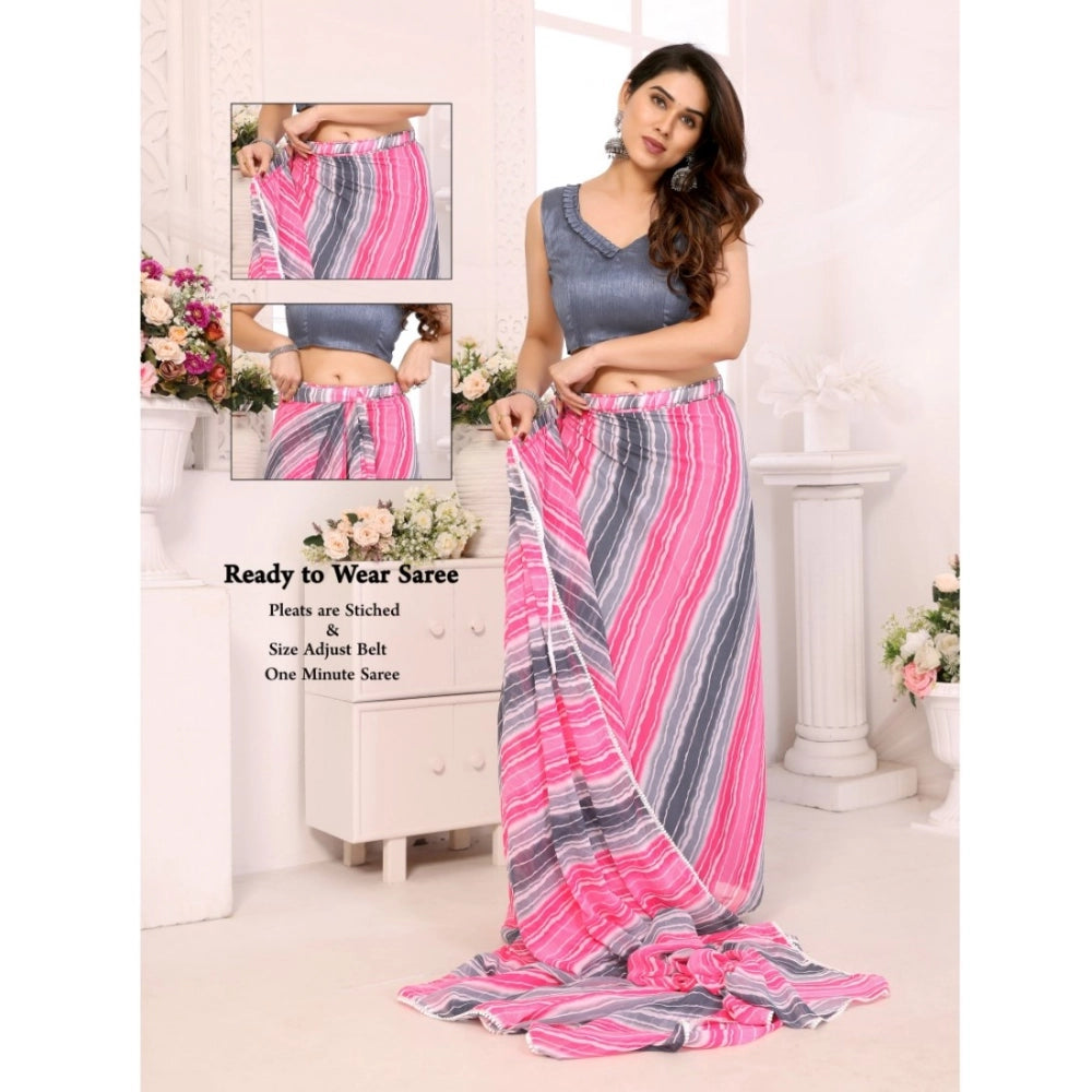 Women's Small Lace Georgette Striped Ready-to-Wear Saree With Unstitched Blouse 5.5 Mtr (Grey) - VANSHELLE