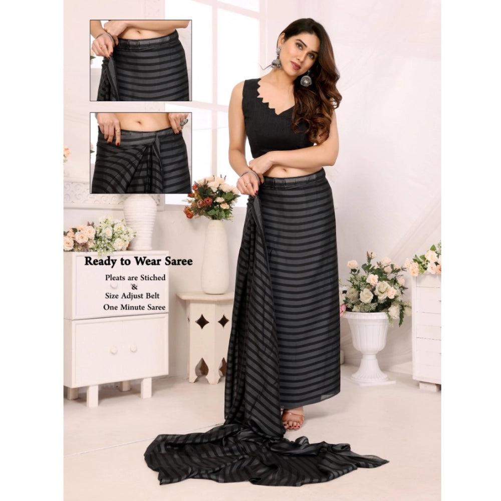 Women's Black Berry Striped Ready-to-Wear Saree With Unstitched Blouse 5.5 Mtr (Grey-Black)