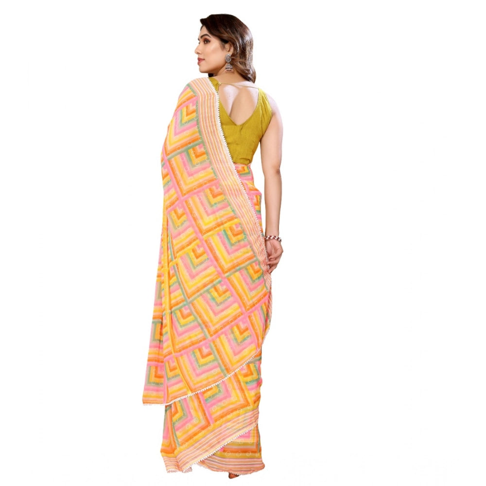 Women's Small Lace Georgette Printed Ready-to-Wear Saree With Unstitched Blouse 5.5 Mtr (Yellow) - VANSHELLE