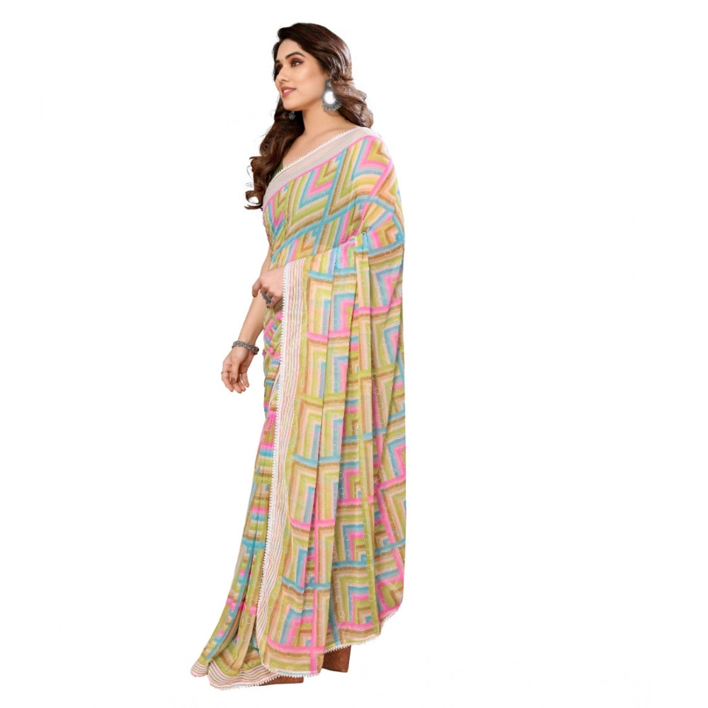 Women's Small Lace Georgette Printed Ready-to-Wear Saree With Unstitched Blouse 5.5 Mtr (Green) - VANSHELLE