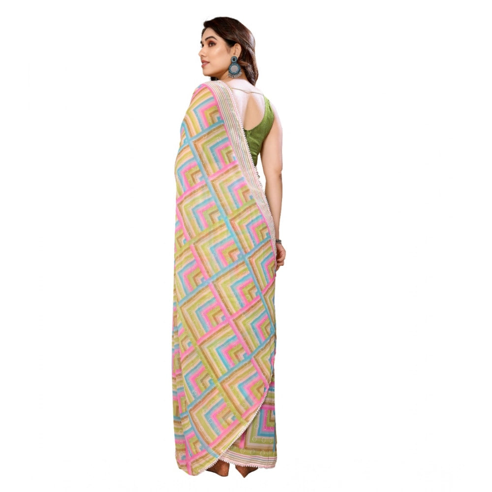 Women's Small Lace Georgette Printed Ready-to-Wear Saree With Unstitched Blouse 5.5 Mtr (Green) - VANSHELLE