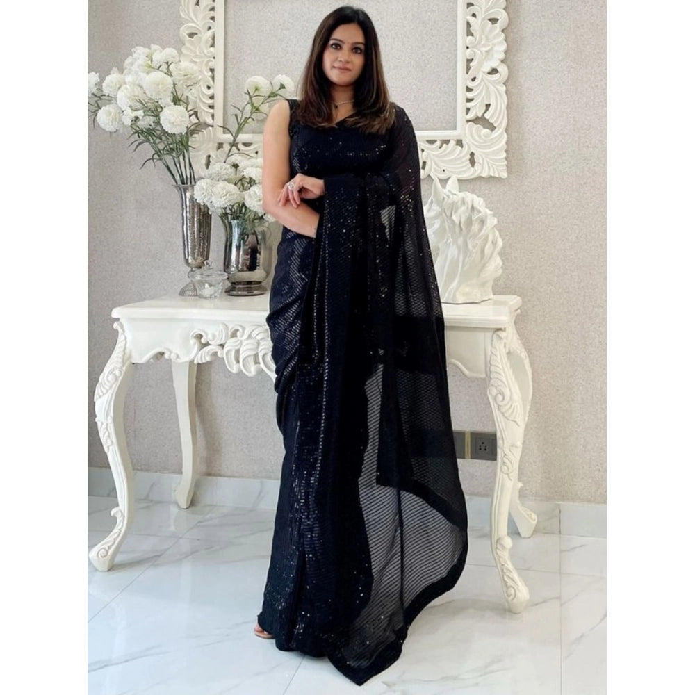 Women's Georgette Embellished Sequnece Bollywood Saree With Unstitched Blouse 5.5Mtr (Black) - VANSHELLE