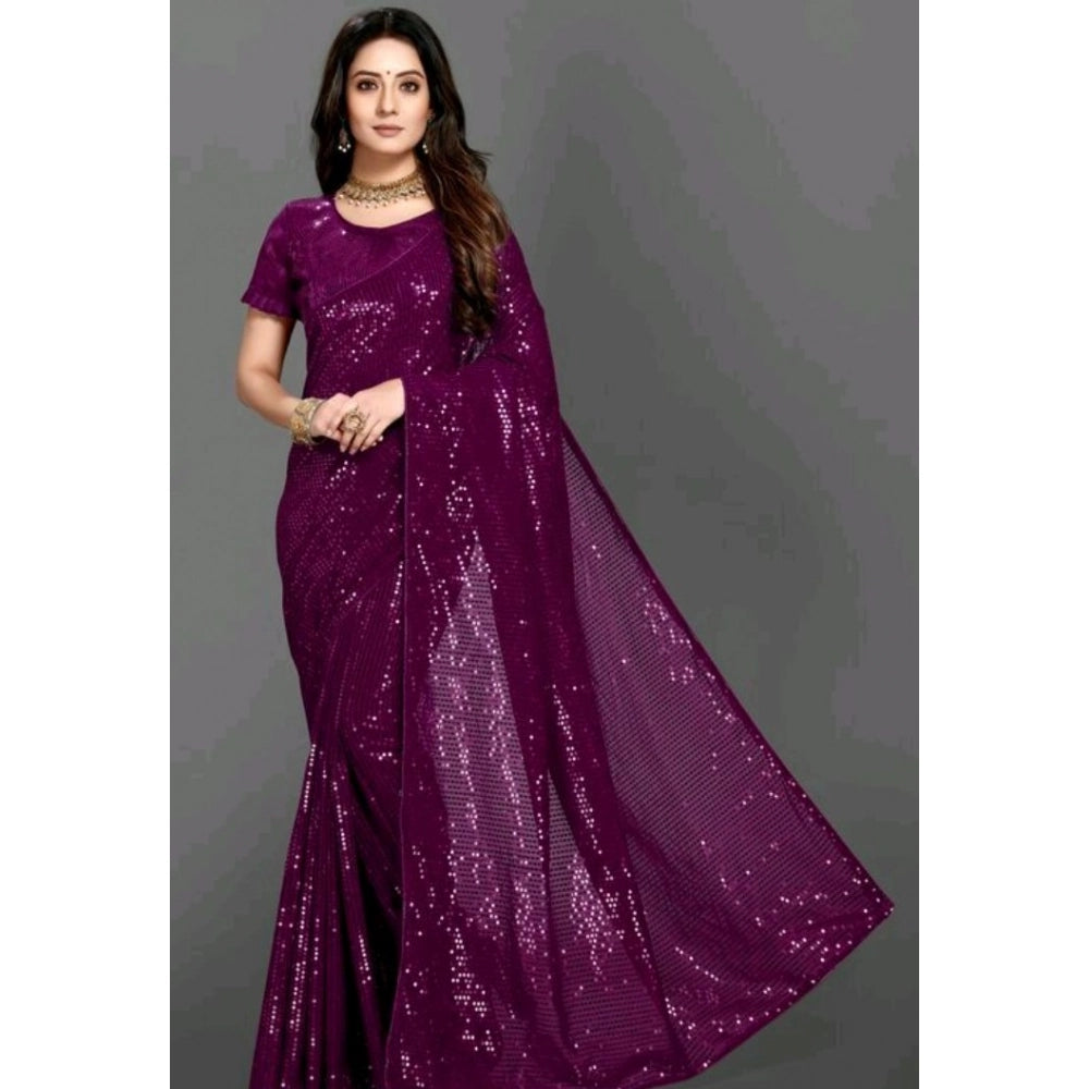 Women's Georgette Embellished Sequnece Bollywood Saree With Unstitched Blouse 5.5Mtr (Purple) - VANSHELLE