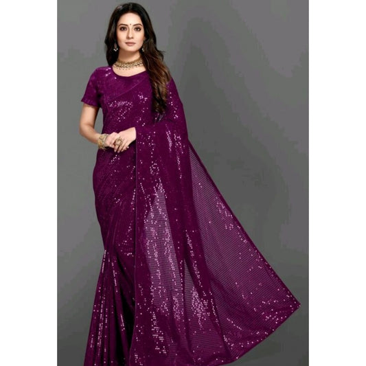 Women's Georgette Embellished Sequnece Bollywood Saree With Unstitched Blouse 5.5Mtr (Purple) - VANSHELLE