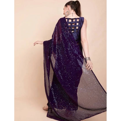 Women's Georgette Embellished Sequnece Bollywood Saree With Unstitched Blouse 5.5Mtr (Purple)
