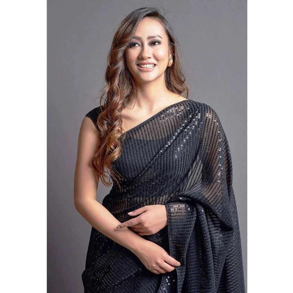 Women's Georgette Embellished Sequnece Bollywood Saree With Unstitched Blouse 5.5Mtr (Black) - VANSHELLE