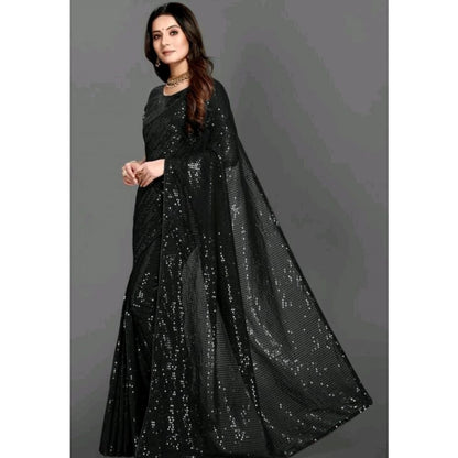 Women's Georgette Embellished Sequnece Bollywood Saree With Unstitched Blouse 5.5Mtr (Black)