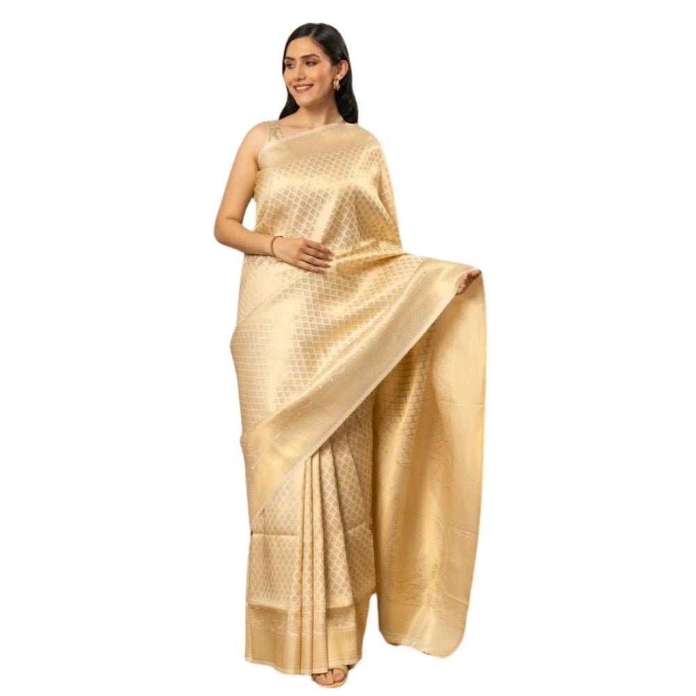 Women's Silk Printed Saree With Unstitched Blouse 5.5Mtr (Gold) - VANSHELLE