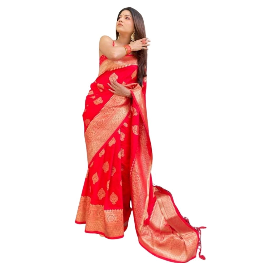 Women's Silk Printed Saree With Unstitched Blouse 5.5Mtr (Red) - VANSHELLE