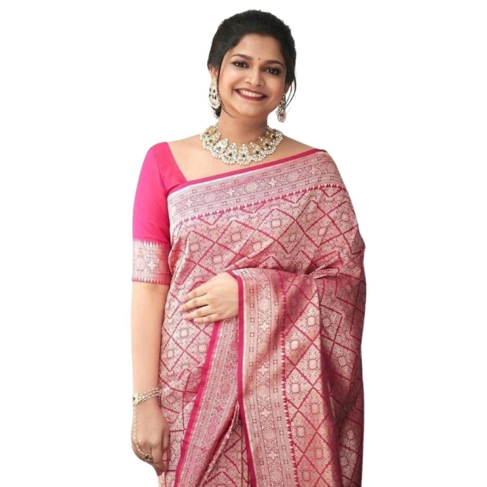 Women'S Silk Printed Saree With Unstitched Blouse 5.5Mtr (Pink