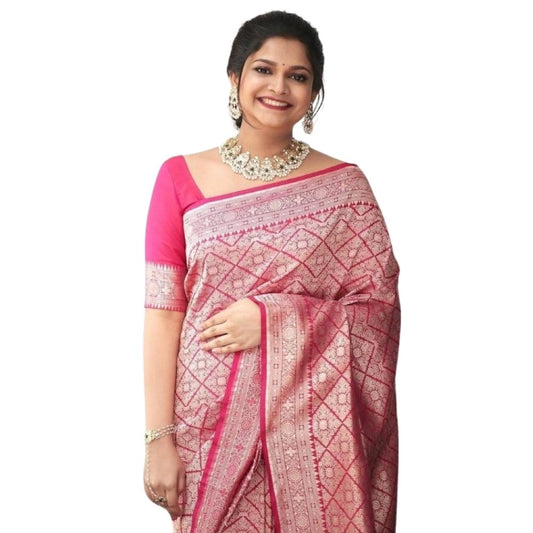 Women'S Silk Printed Saree With Unstitched Blouse 5.5Mtr (Pink