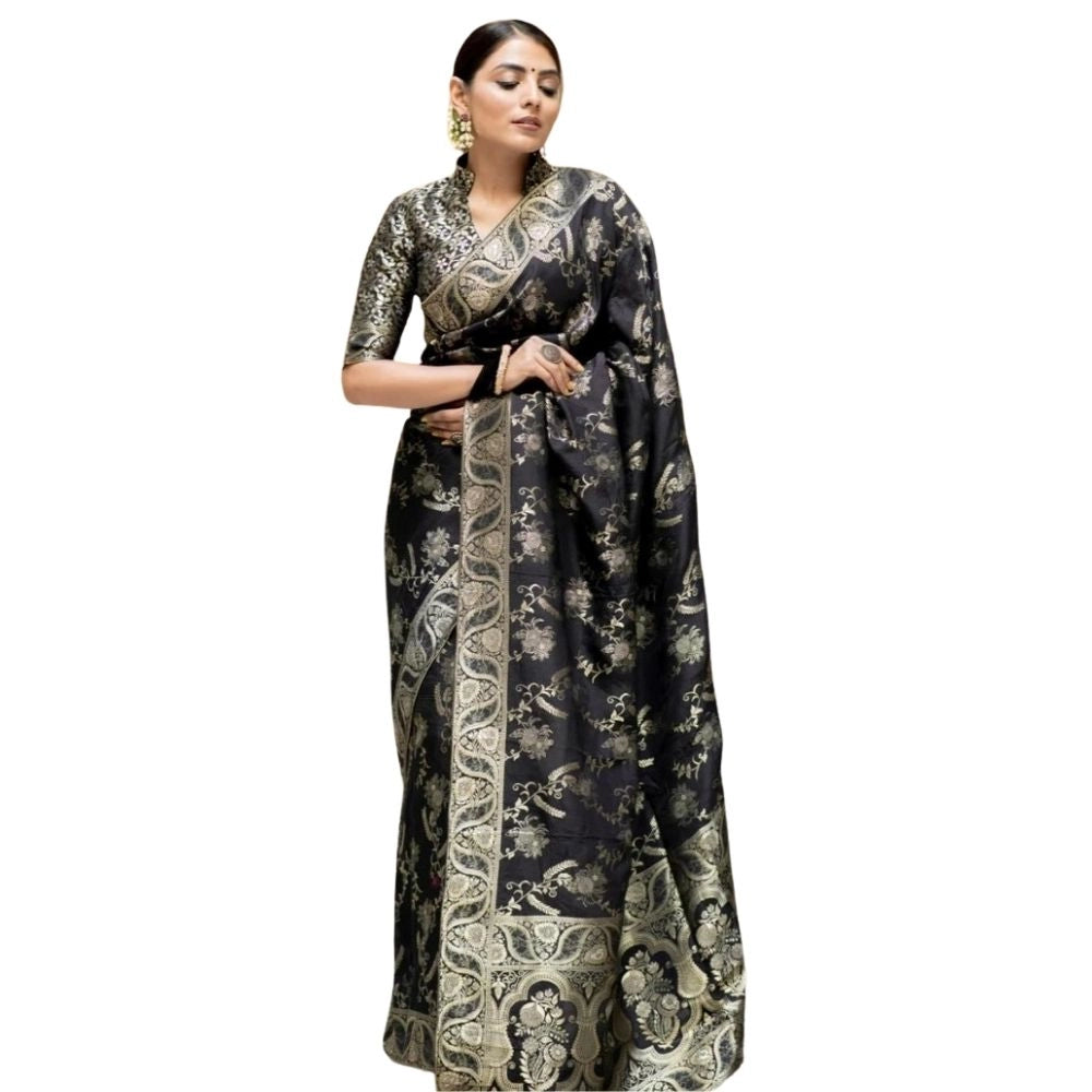 Women's Silk Printed Saree With Unstitched Blouse 5.5Mtr (Black) - VANSHELLE